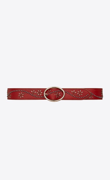 Belt with oval buckle in smooth leather decorated with studs